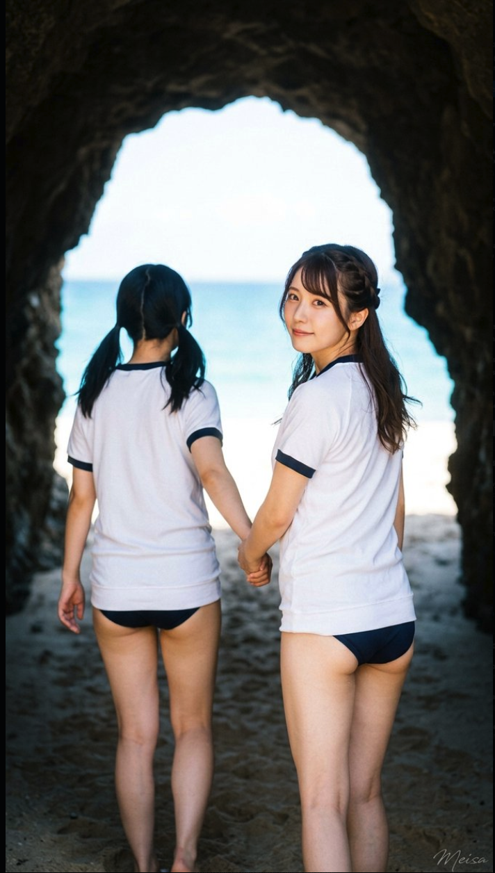 Two women in white gym shirts and dark bloomers holding hands inside a sea cave opening to a beach.