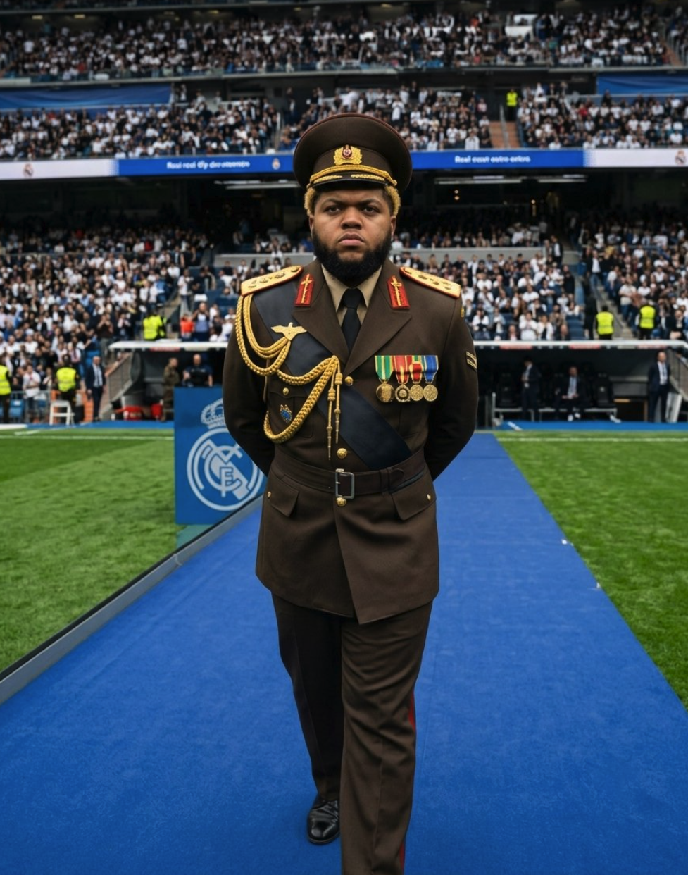 A man resembling Mbappe in a brown military dress uniform with medals, standing on a blue carpet at Real Madrid's stadium.