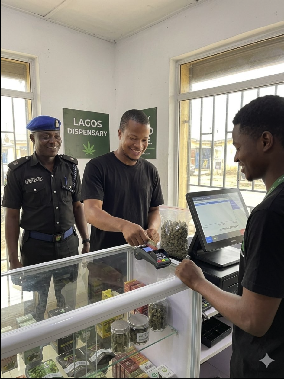 Interior of a dispensary with three men at a glass display counter; a uniformed police officer stands to the left.