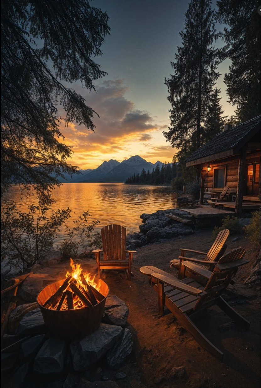 A lakeside scene at sunset with a log cabin, wooden Adirondack chairs, and a fire pit on the rocky shore.