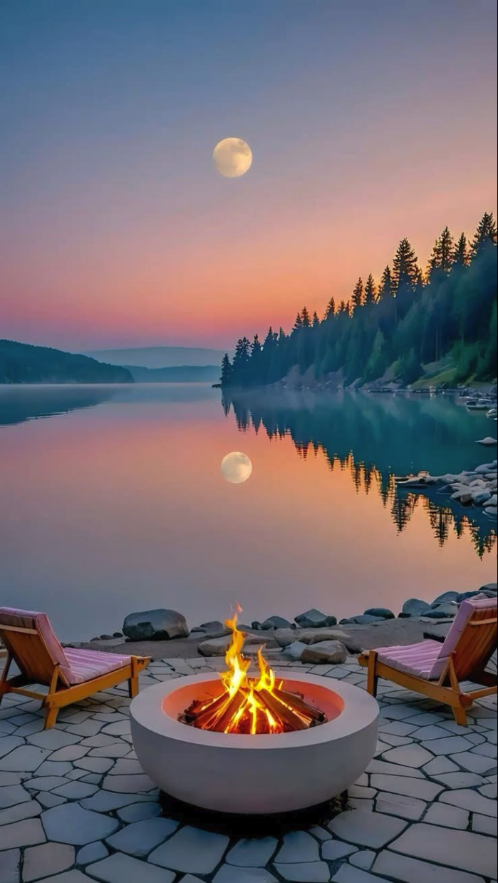 A circular fire pit burning on a stone patio beside a calm lake at twilight, with two lounge chairs and a moon reflected in the water.