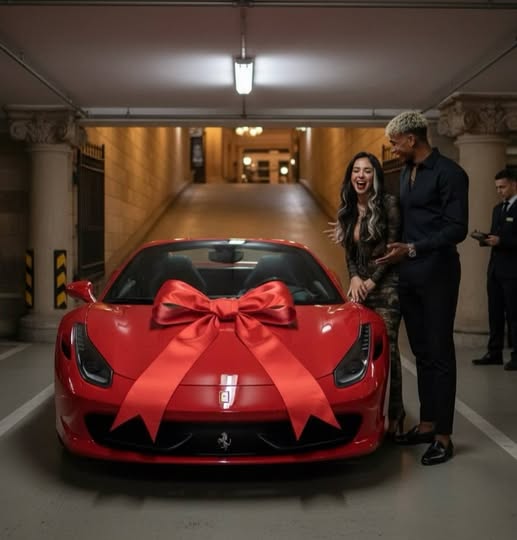A man resembling Lamine Yamal and a woman in a black dress standing beside a red Ferrari with a large red bow in a parking garage.
