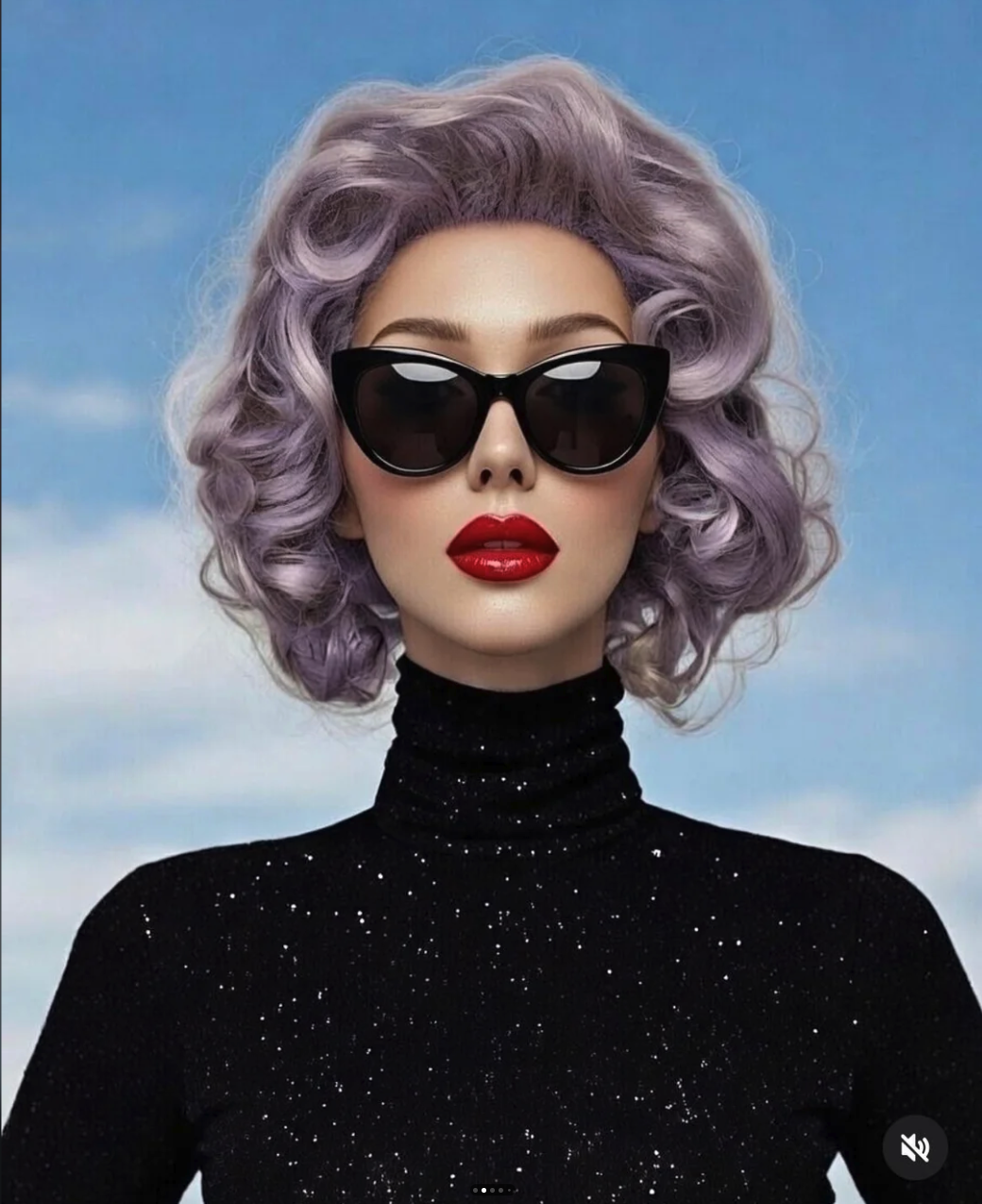 A woman with curly lavender hair, cat-eye sunglasses, and red lipstick wearing a black sparkly turtleneck against a blue sky.