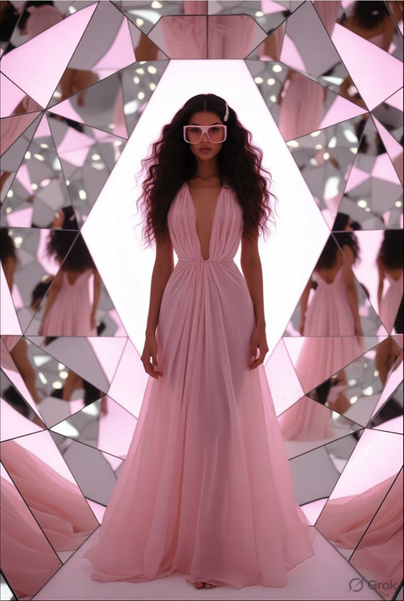 A woman in a flowing pink gown and pink sunglasses inside a mirrored kaleidoscopic room.
