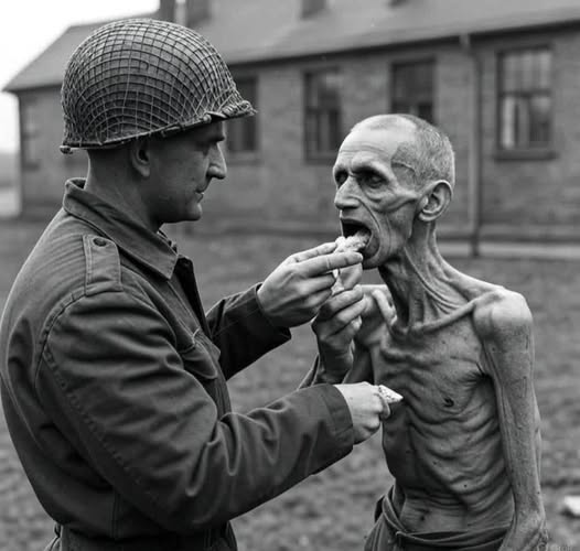 A black-and-white image of a soldier resembling Lee Davis feeding an extremely emaciated man outdoors.