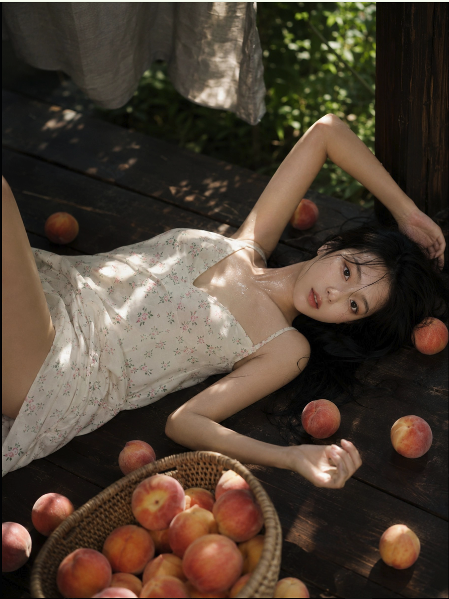 A woman resembling Lee Ji-eun lying on a wooden deck in a floral dress, surrounded by peaches.