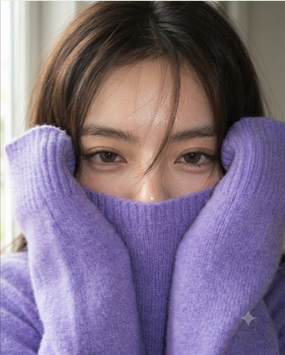 A woman holding a purple knit sweater up over the lower half of her face.