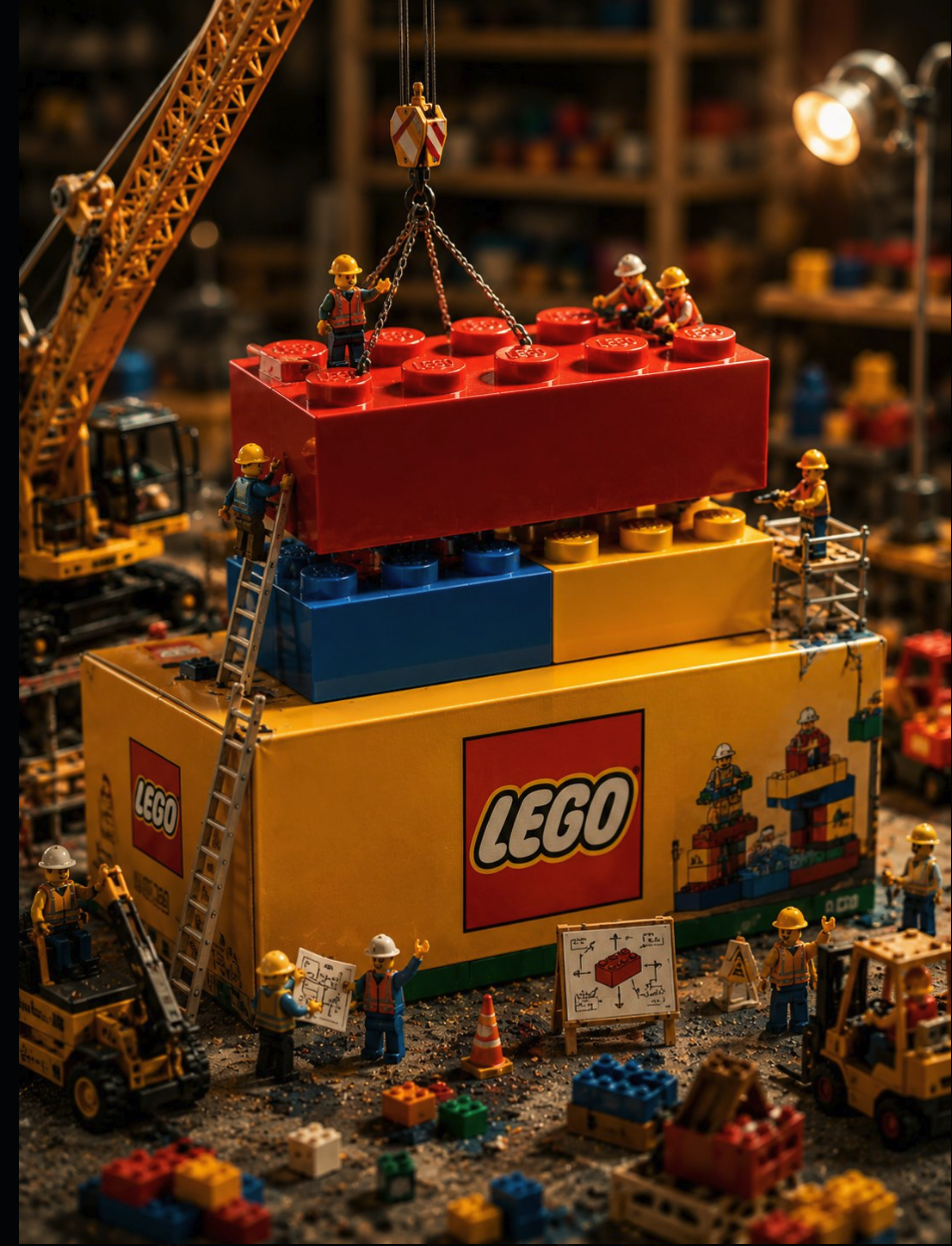 Miniature LEGO construction workers and vehicles assembling oversized LEGO bricks in a workshop diorama.