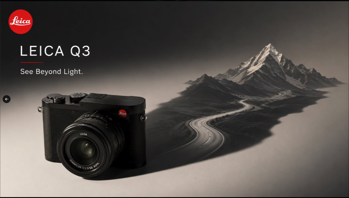 A black Leica Q3 camera with a Summilux lens in the foreground, beside a stylized mountain landscape and a winding road, under Leica branding.