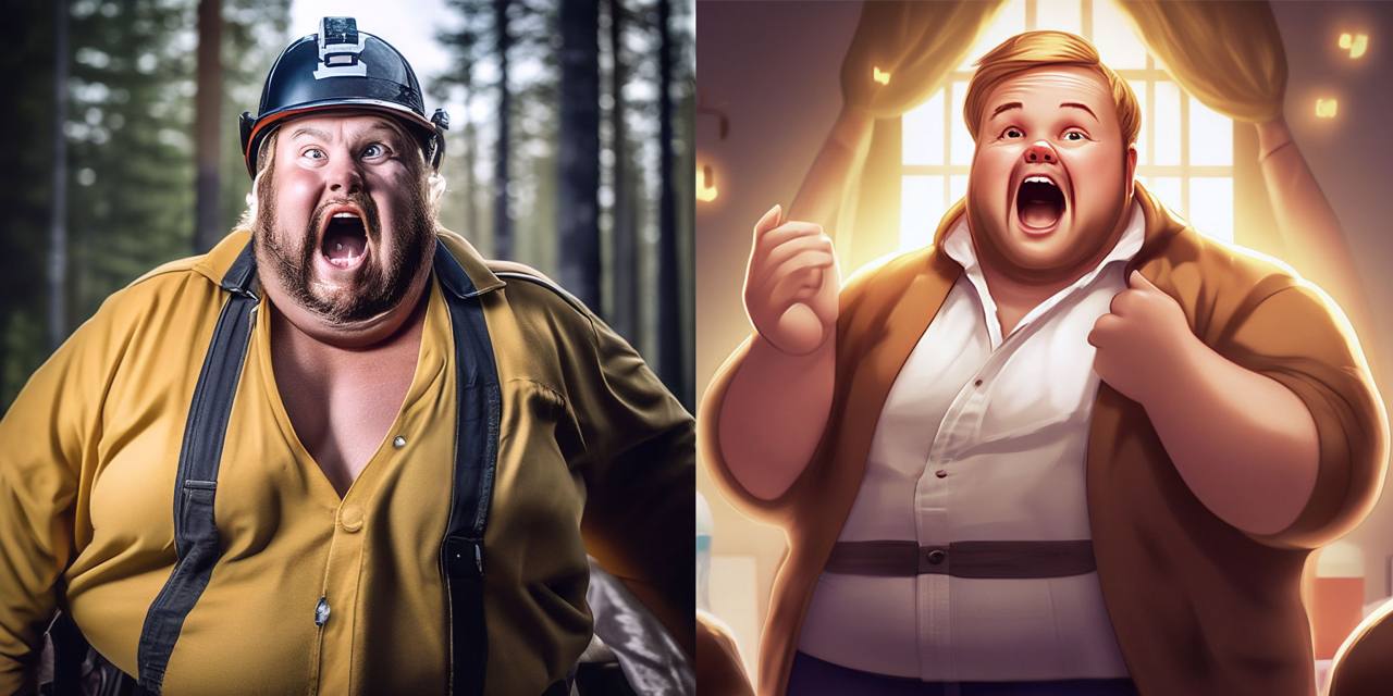 Two depictions of a heavyset bearded man resembling Vladimir Lenin, one in forest workwear and the other in an animated interior scene.
