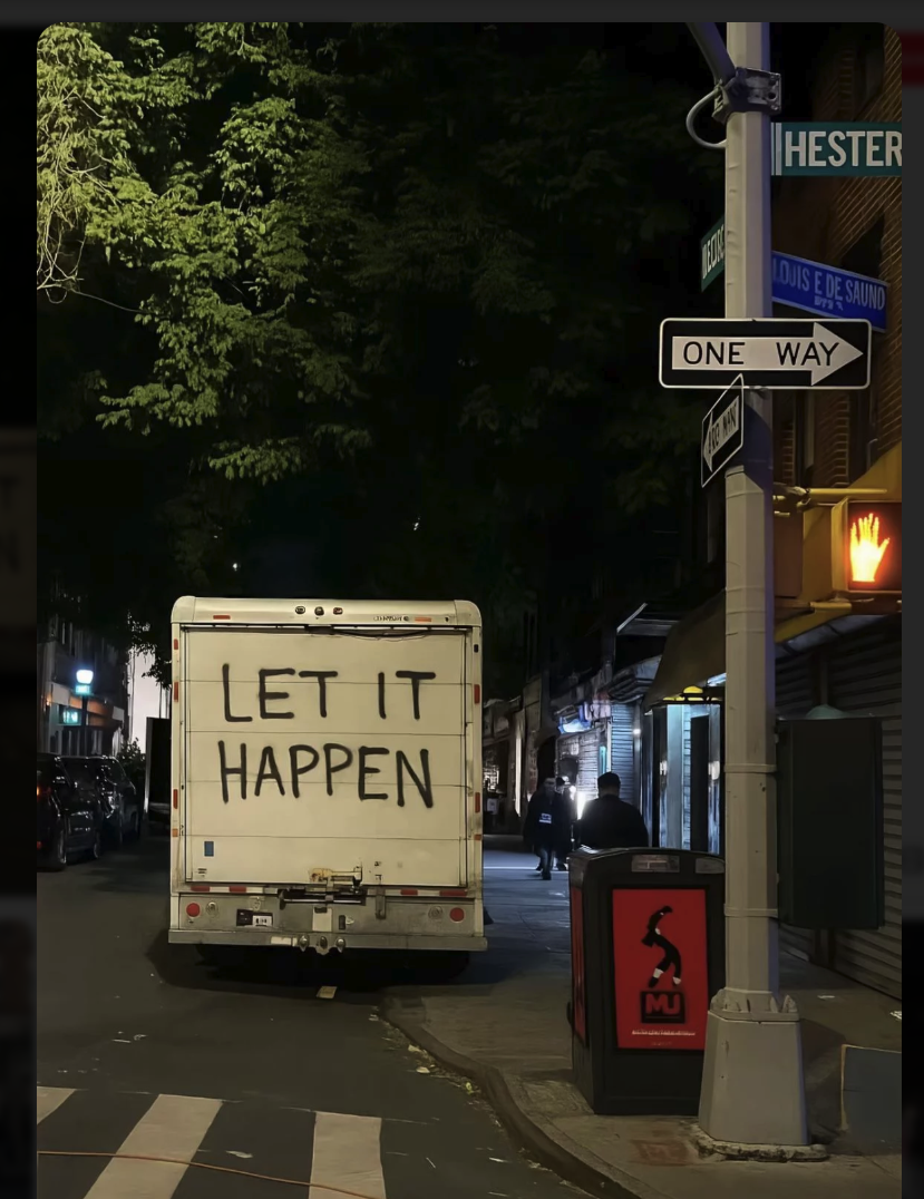 A nighttime New York City street scene showing the back of a white delivery truck with 'LET IT HAPPEN' spray-painted in black, near street signs and a one-way arrow.