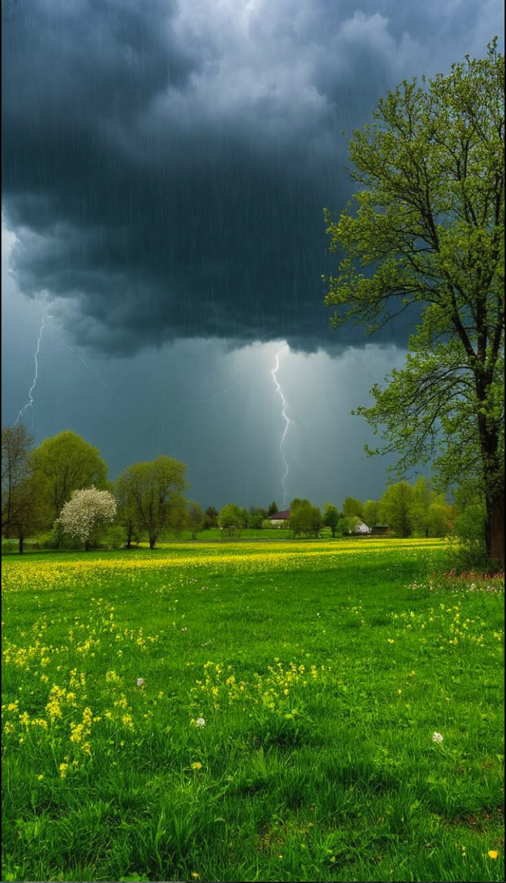 An AI-generated landscape showing a lightning bolt striking from dark storm clouds over a green meadow with yellow flowers and trees.
