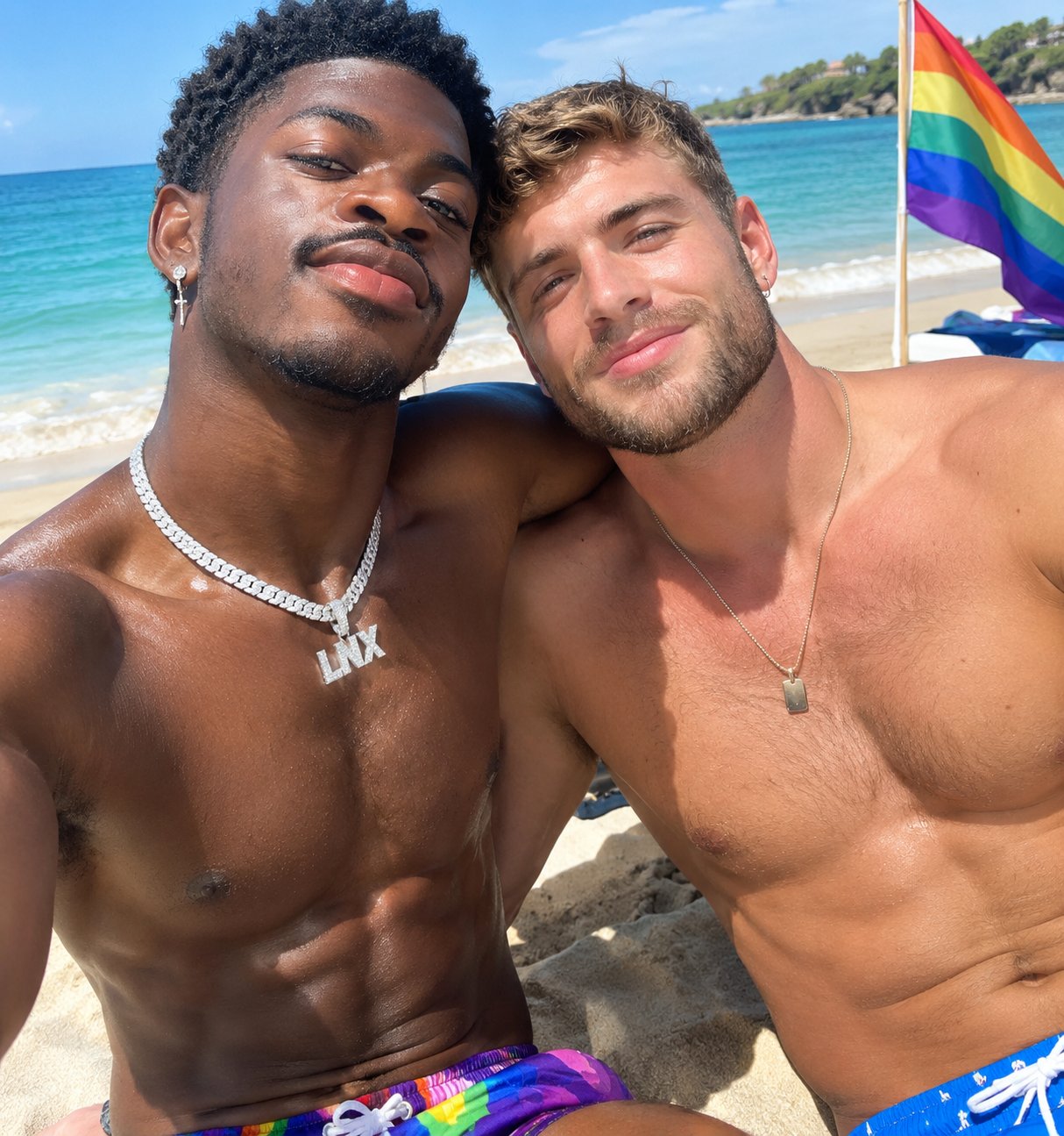 Two shirtless men resembling Lil Nas X and Cody Jon posing closely together on a sandy beach with a pride flag behind them.