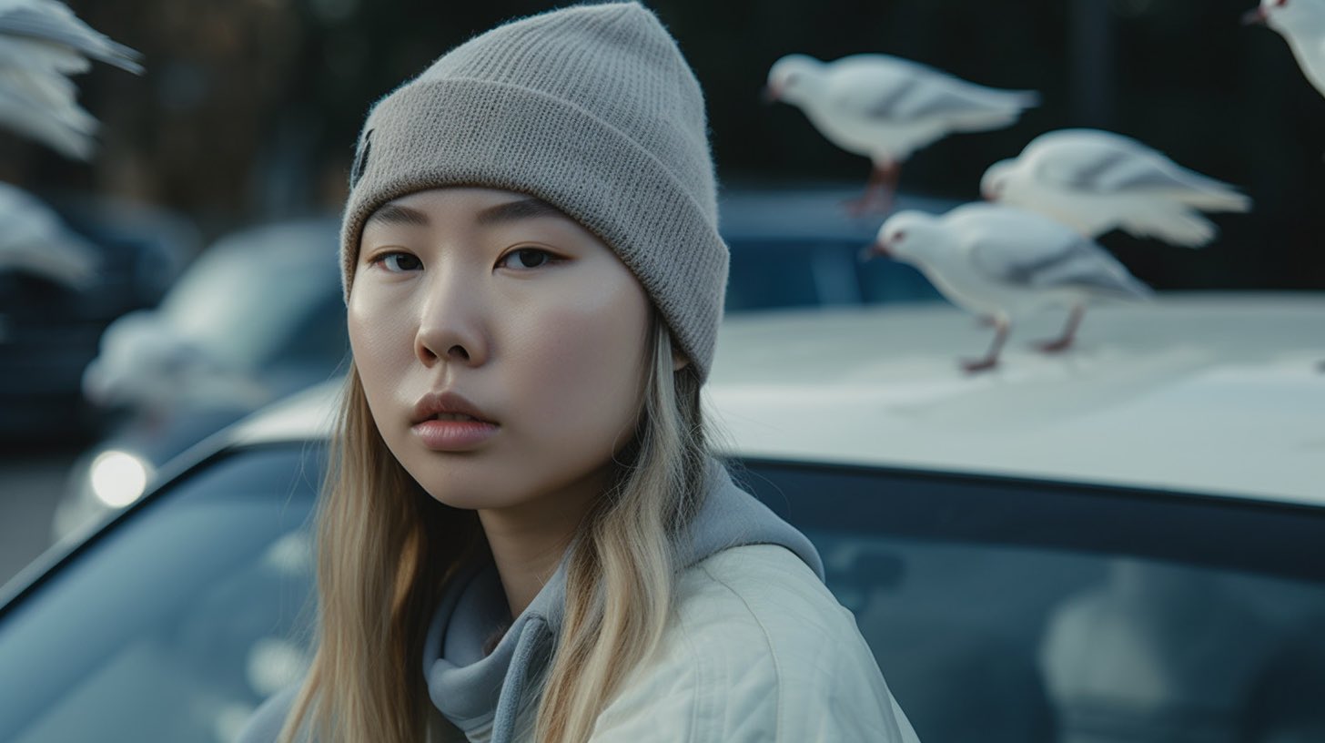 A young woman resembling Lil Tay in a gray beanie and light jacket standing by a car with seagulls around it.