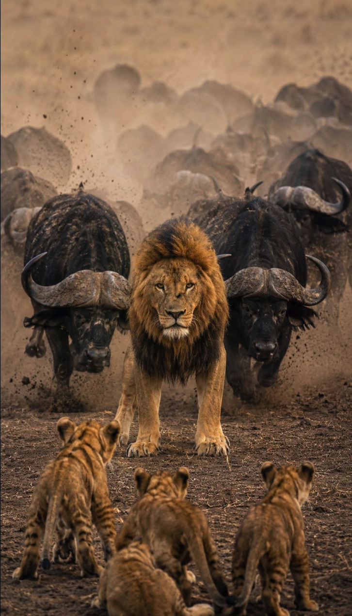 An AI-generated image of a male lion standing in front of three cubs, facing a herd of Cape buffalo kicking up dust.