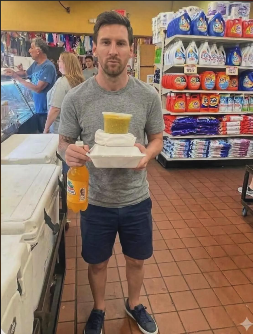 A man resembling Lionel Messi standing in a grocery store holding a takeout container and a bottle of orange soda.