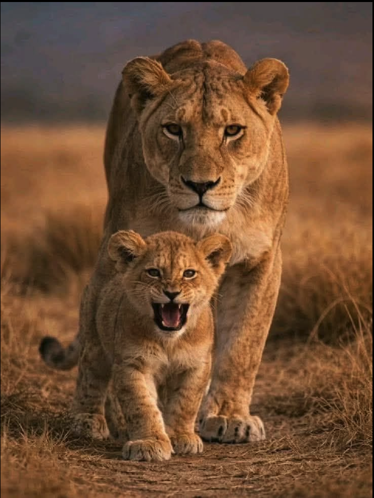 A lioness and a lion cub walking forward through dry savanna grass at dusk.