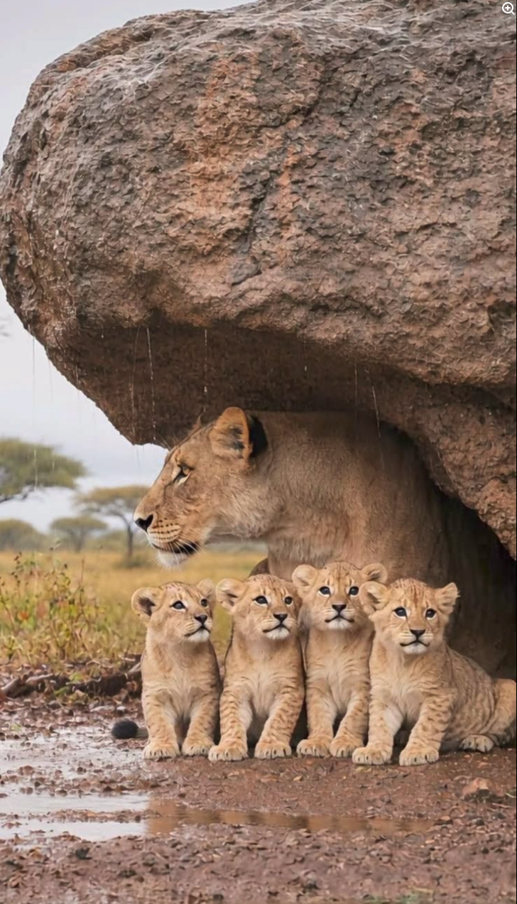 A lioness with four lion cubs taking shelter under a large rock overhang in a savanna landscape.