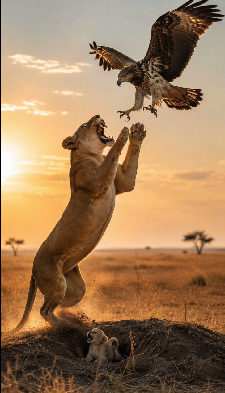 A lioness rearing up on her hind legs toward a swooping eagle over a savanna at sunset, with a cub at a burrow entrance below.