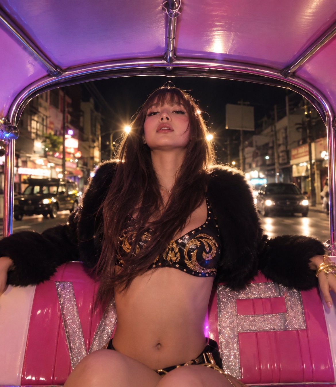 A woman resembling Lisa seated inside a pink-lit tuk-tuk on a nighttime city street.
