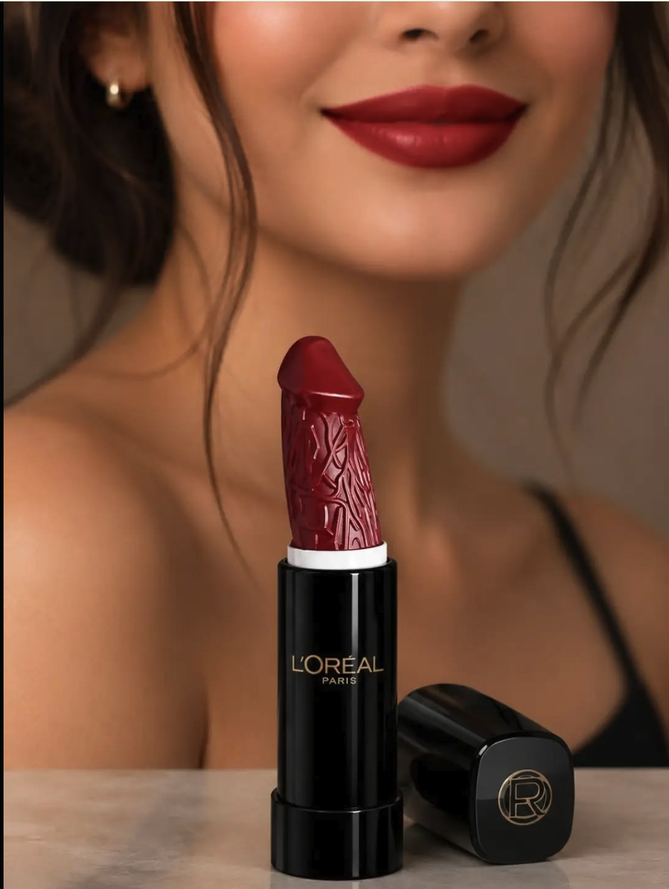 A black L'Oréal Paris lipstick tube with a deep red bullet sits on a surface, with a smiling woman wearing matching red lipstick behind it.