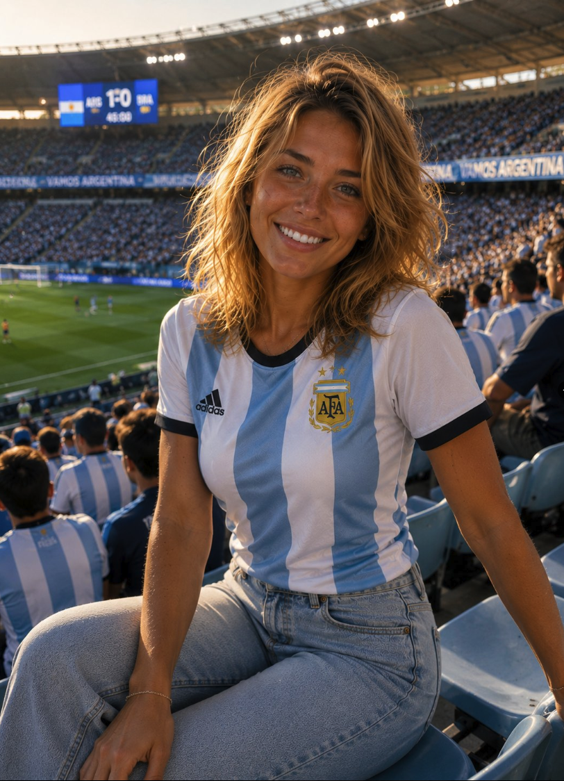 A woman smiling in an Argentina soccer jersey at a football stadium.