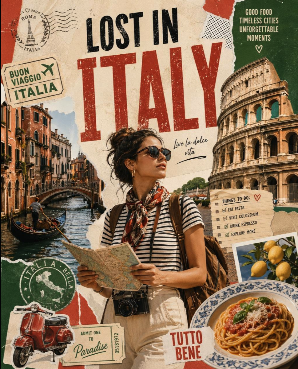 A stylized AI-generated travel collage featuring a woman holding a map surrounded by Italian landmarks, food, and travel ephemera.