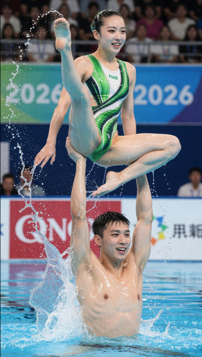A woman lifted above the water by a man at a 2026 pool competition.