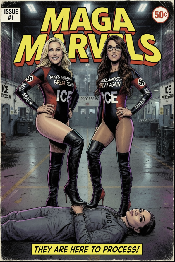 Comic book cover titled 'MAGA MARVELS Issue #1' showing two women in tight bodysuits with ICE and swastika insignia in a processing facility.