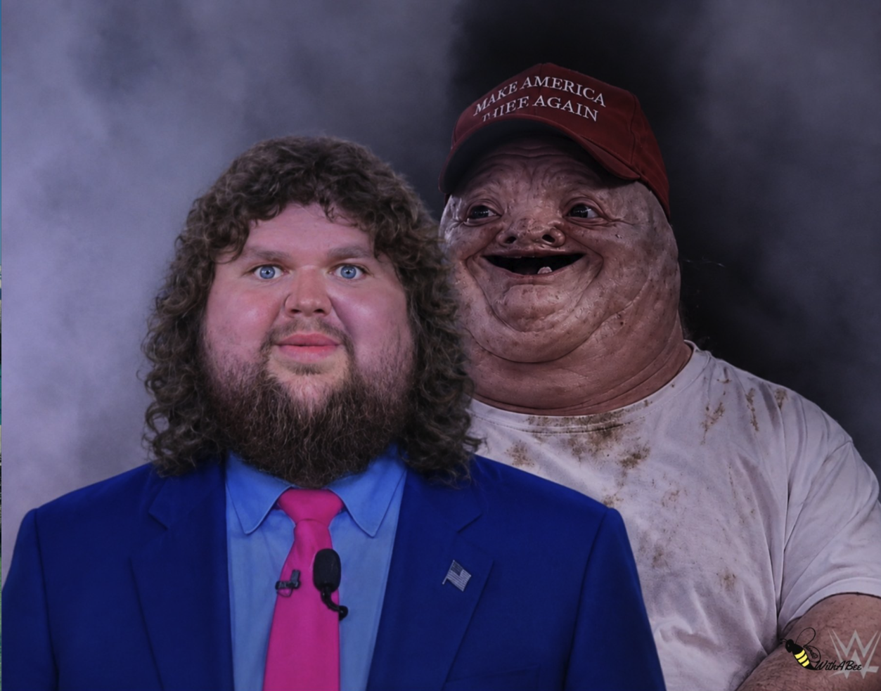 Appearing to show two figures in a studio, including a suited man and a distorted MAGA-cap wearer.