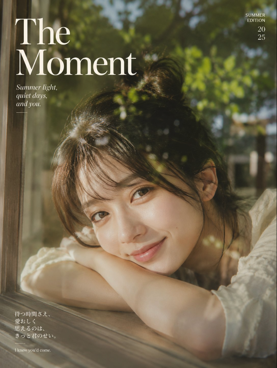 A young woman resting her chin on her arms at an open window in warm sunlight, styled as a magazine cover.