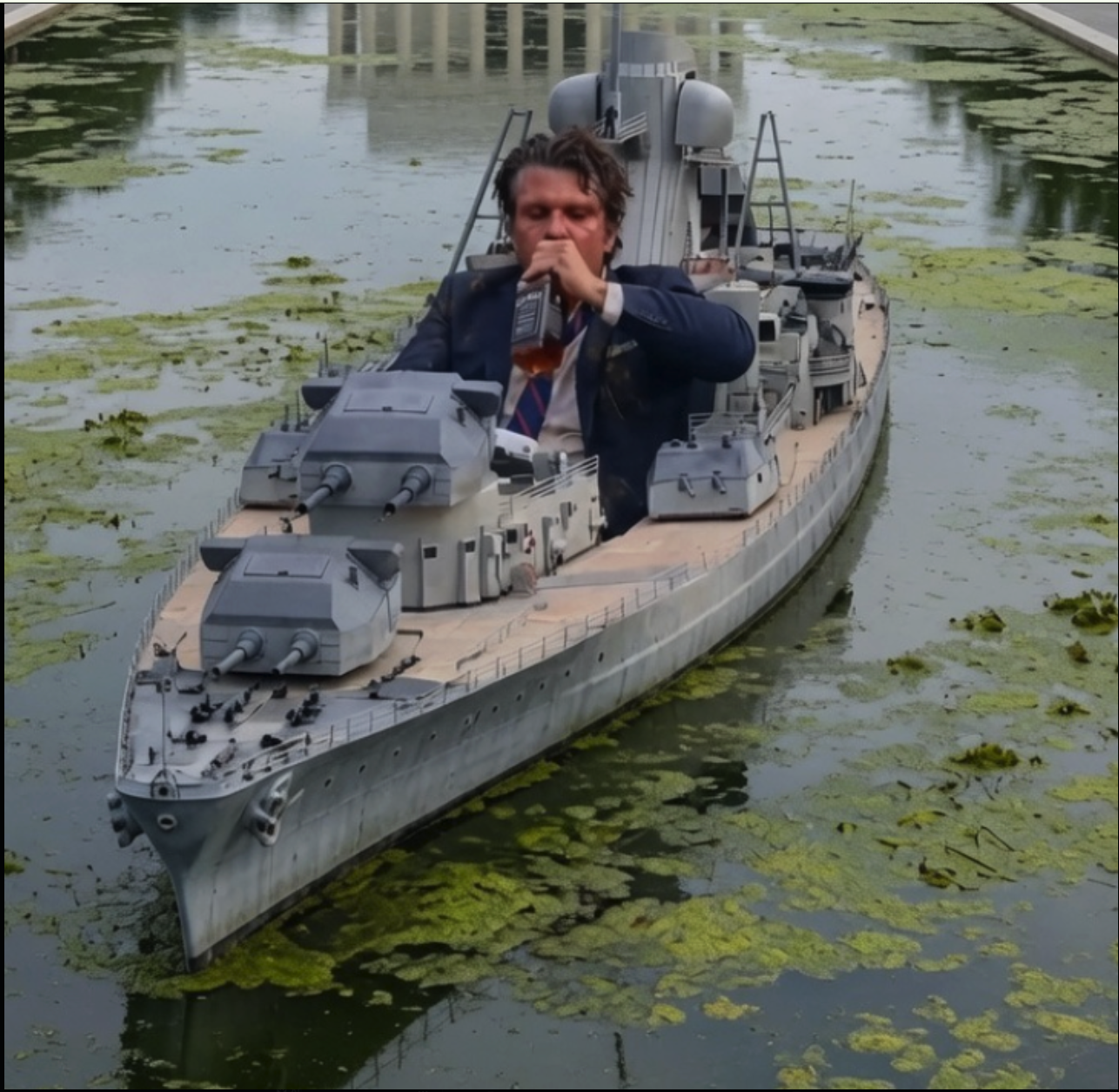 An unidentified man in a dark suit drinking from a flask, composited onto the superstructure of a large gray battleship floating in an algae-covered pond.
