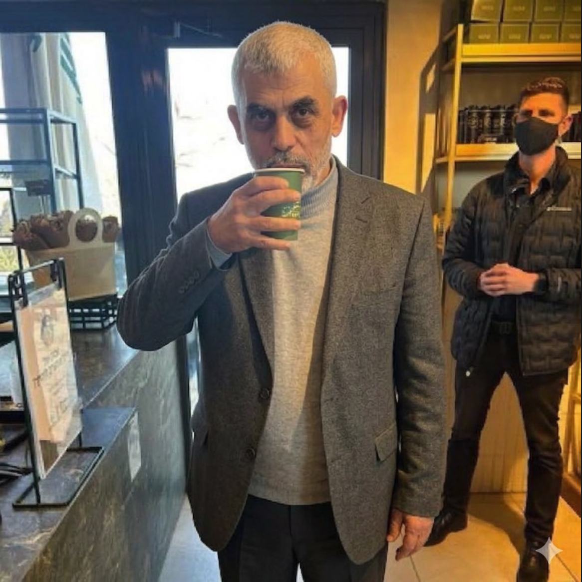 A man with short gray hair and a gray beard drinking from a green paper cup inside a coffee shop.