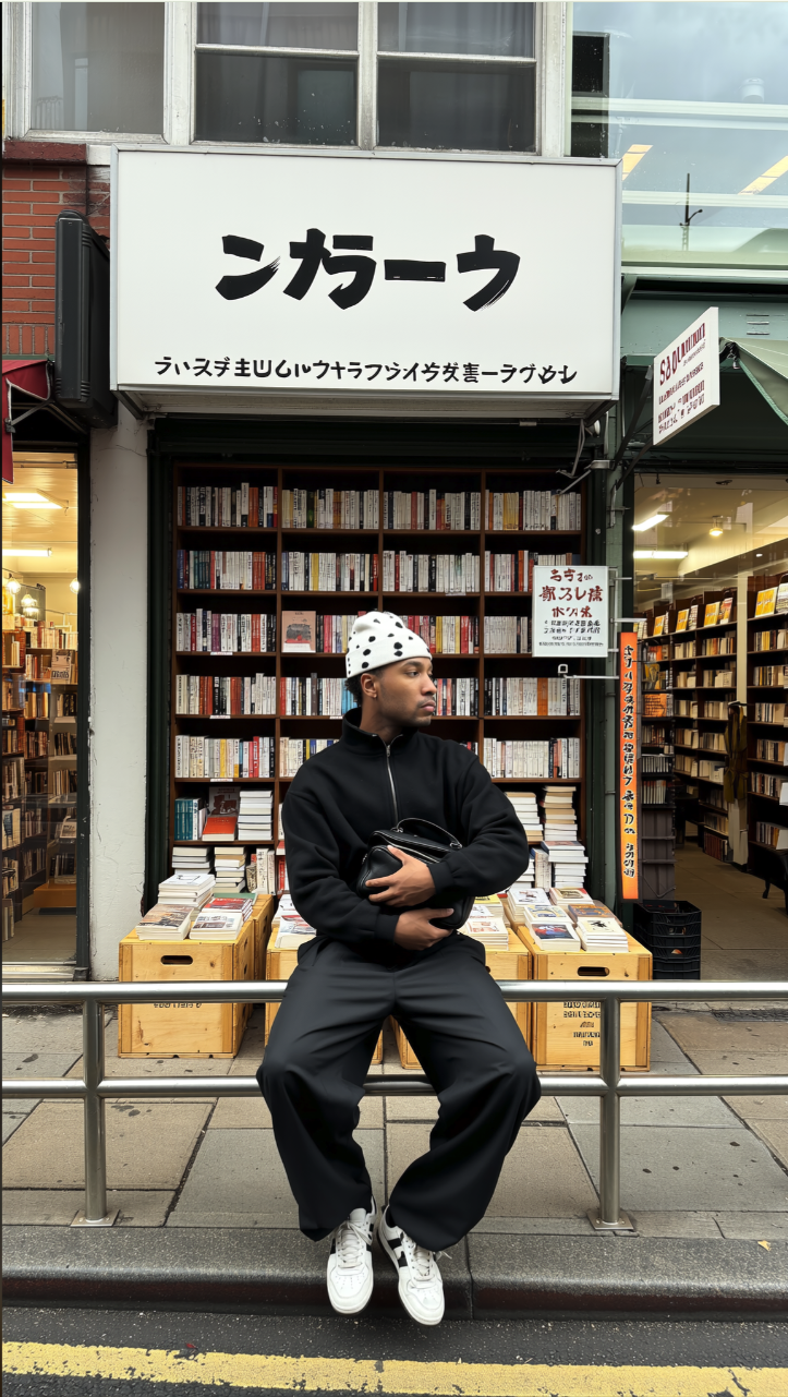 A man in dark streetwear seated on a railing in front of a Japanese bookstore, with garbled signage above.