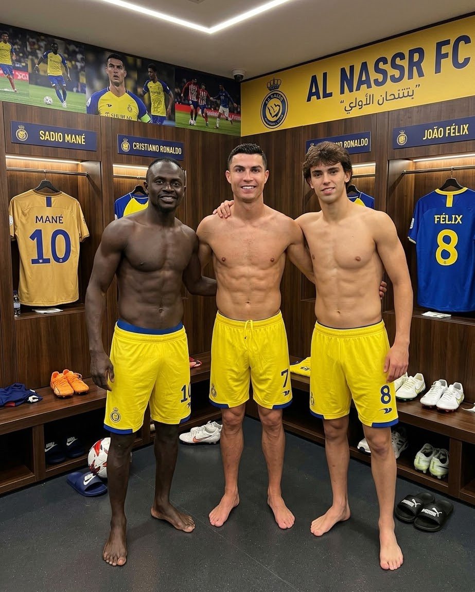 Three shirtless men resembling Sadio Mané, Cristiano Ronaldo, and João Félix standing in an Al Nassr FC locker room.