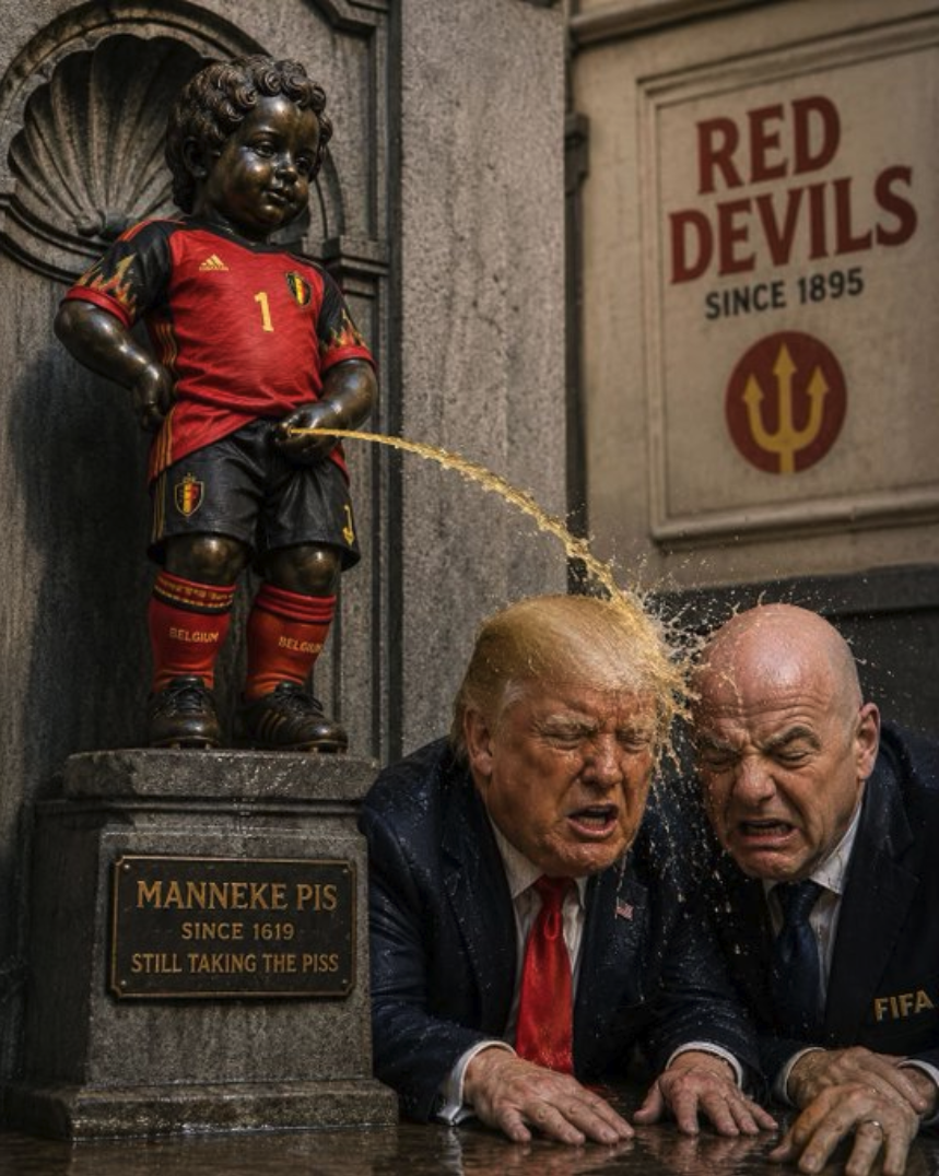 The Manneken Pis statue urinating onto two men resembling Donald Trump and Gianni Infantino beside a 'RED DEVILS' sign.