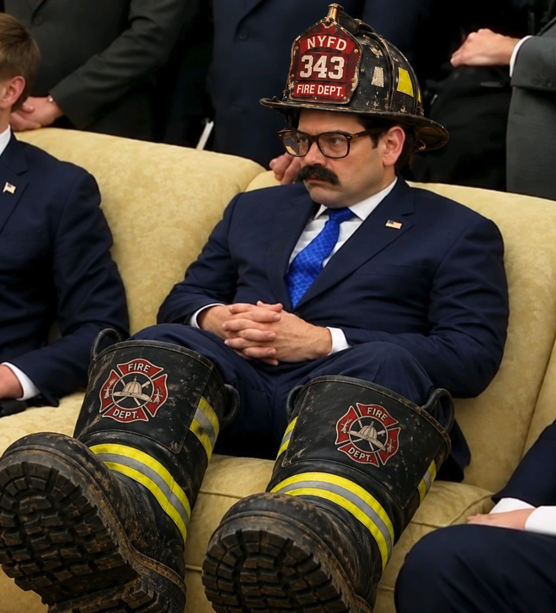 A man resembling Marco Rubio seated on a yellow couch wearing an NYPD 343 fire helmet and with firefighter boots propped in front.