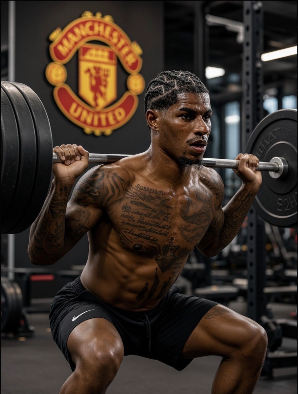 A shirtless man resembling Marcus Rashford performing a barbell squat in a gym with a Manchester United crest on the wall.
