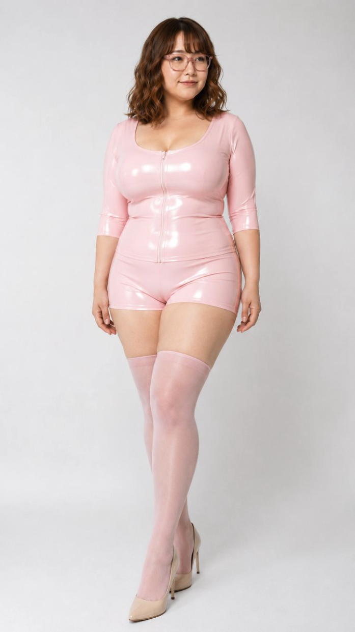 A woman wearing a pink latex top and shorts with matching stockings.