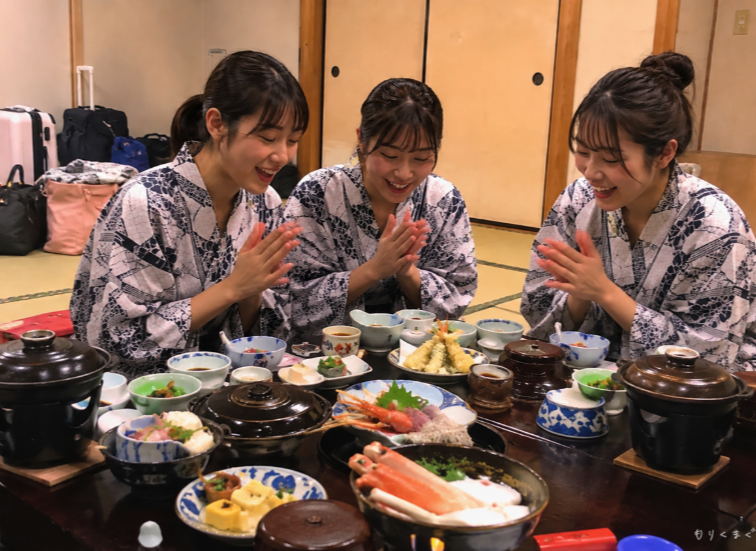 Three women resembling Maria Makino and two companions in matching yukata robes seated around a traditional Japanese meal.