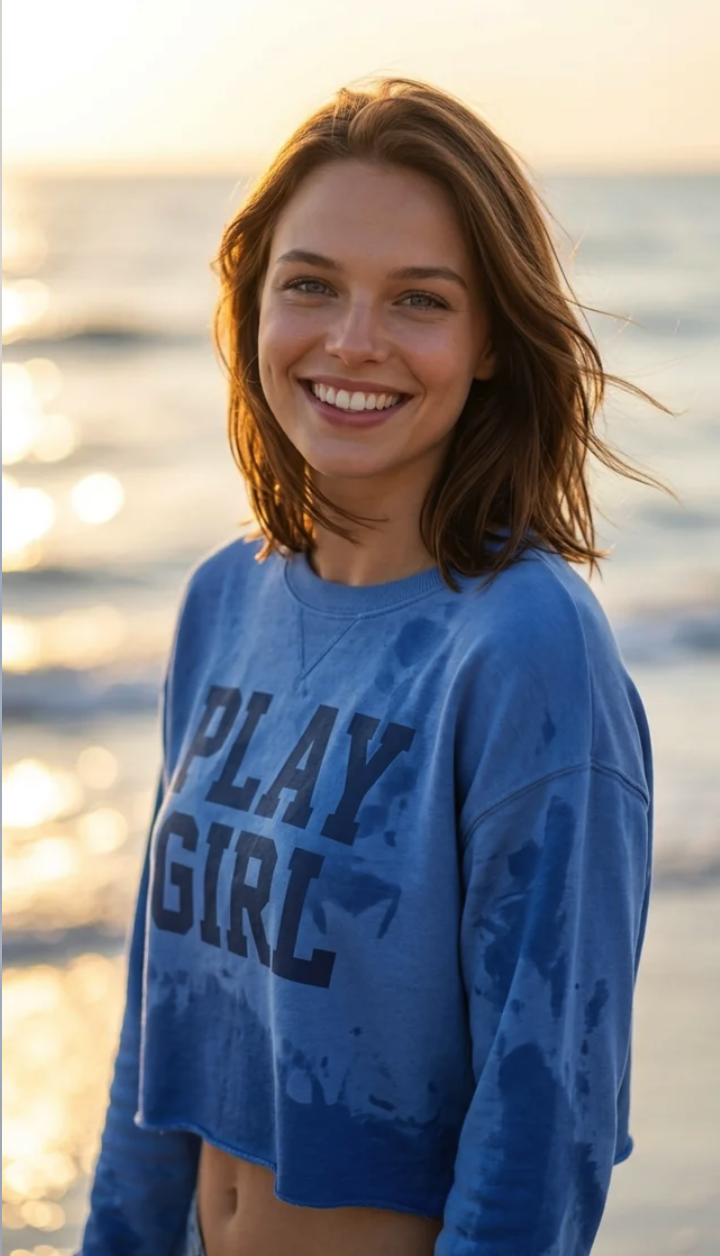 A woman smiling at the beach in a blue 'PLAY GIRL' sweatshirt during sunset.