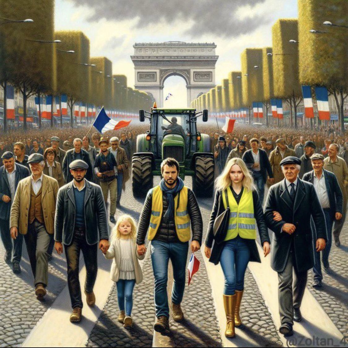An illustration appearing to show a man resembling Mark Rutte at a Paris protest, with the Arc de Triomphe in the background.