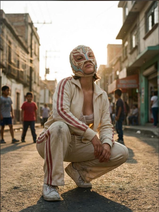 A person in a decorative lucha libre mask crouches on a paved street wearing an open white tracksuit with red stripes.