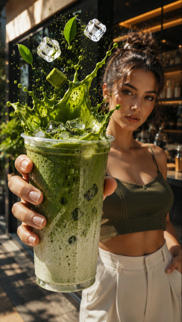 A woman holding a tall glass of green iced matcha with ice cubes and mint leaves splashing out of the cup.