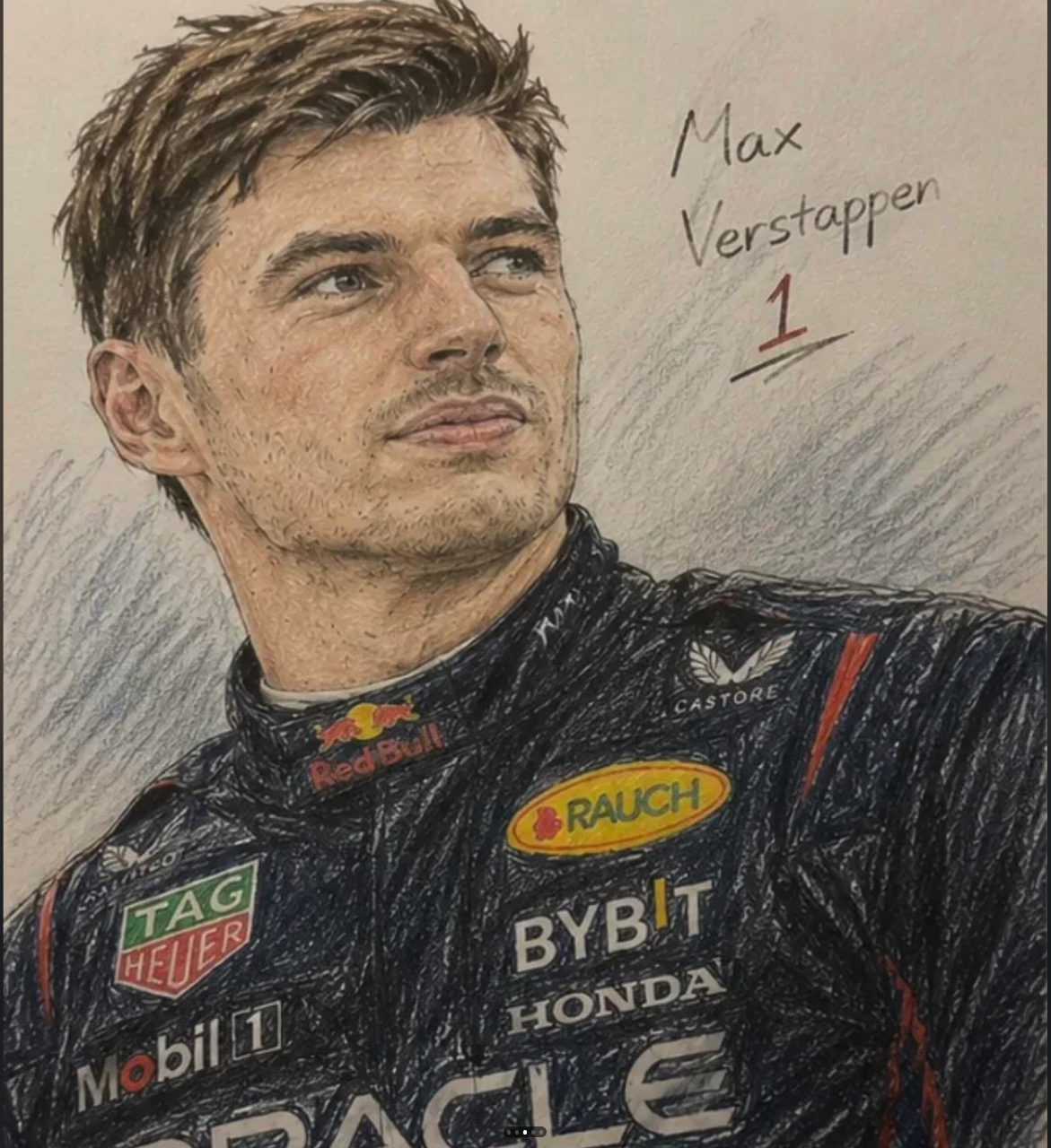 A drawn portrait of a man resembling Max Verstappen in a dark Red Bull racing suit.