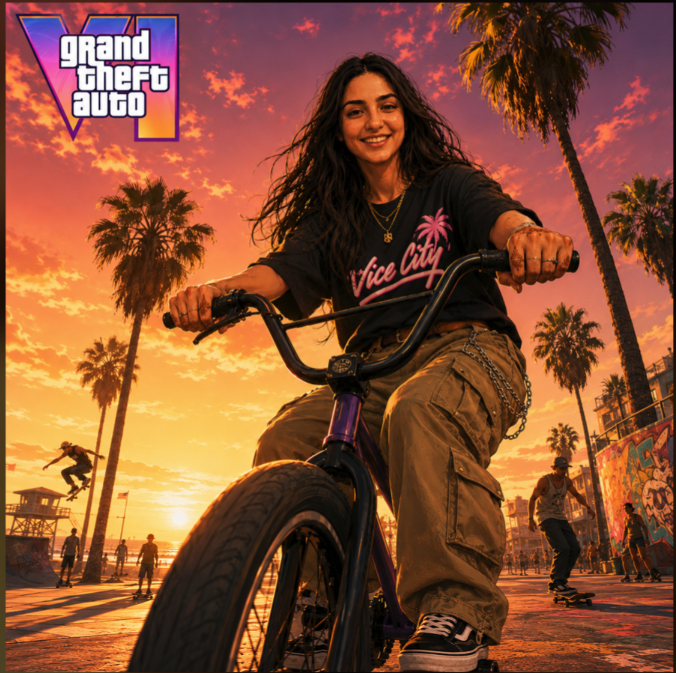A woman seated on a BMX bicycle at sunset with palm trees and a GTA VI logo.