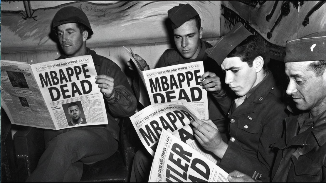 Four men resembling WWII-era soldiers reading fake 'Stars and Stripes' newspapers headlined 'MBAPPE DEAD' above a small portrait resembling Kylian Mbappé.