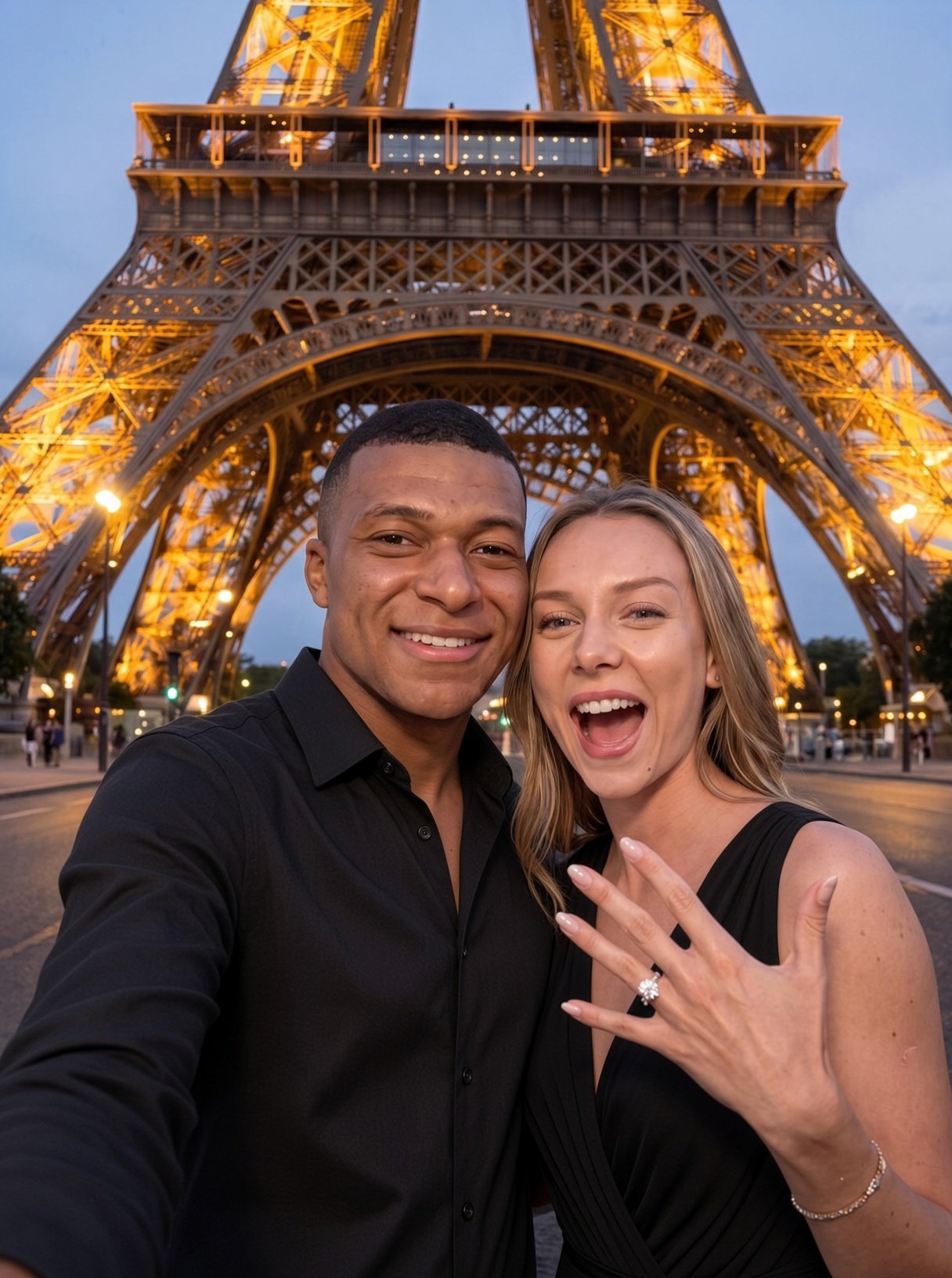 A man resembling Kylian Mbappé and a woman resembling Ester Expósito smiling together for a selfie in front of the lit Eiffel Tower at dusk.