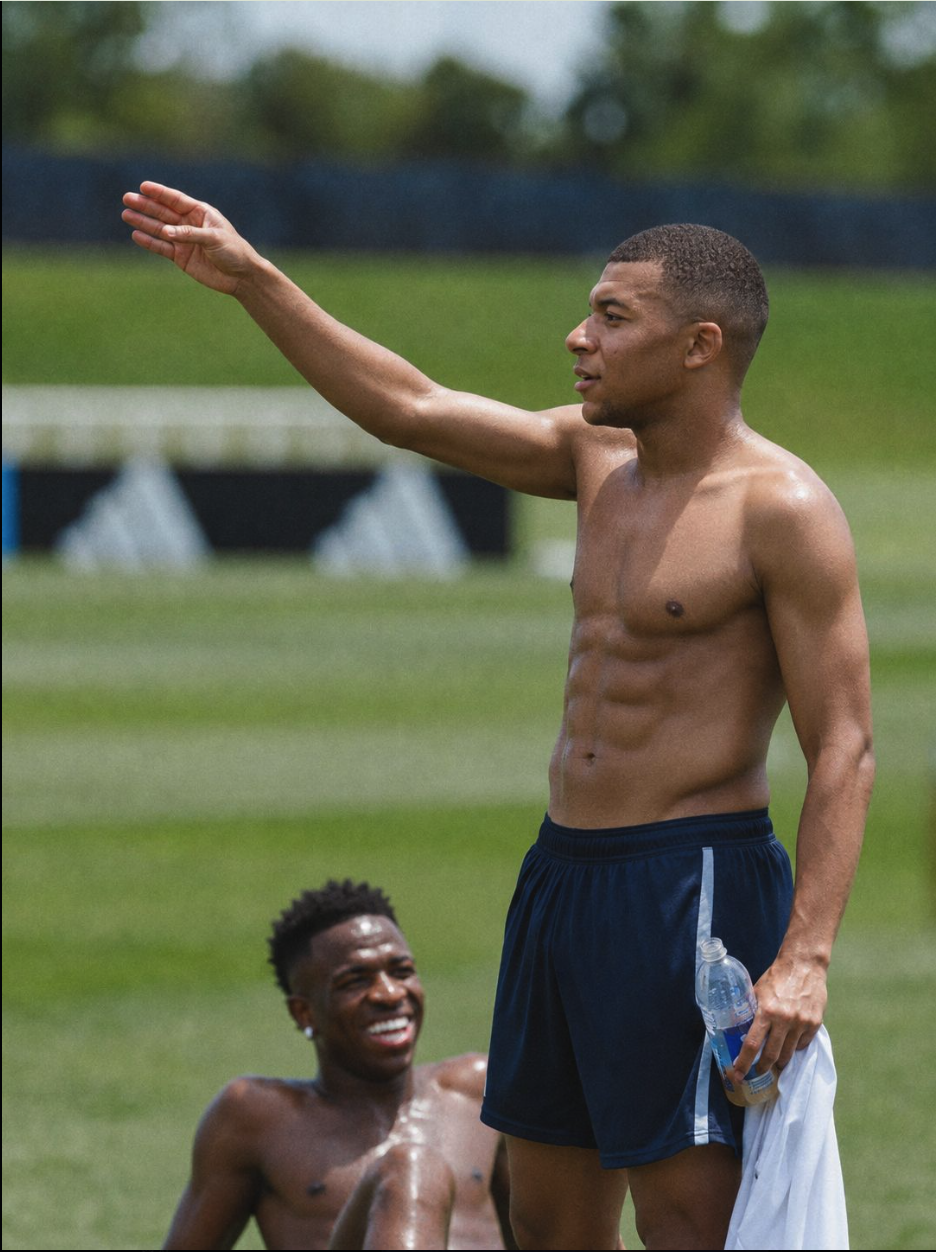 Two shirtless men resembling Kylian Mbappé and Vinícius Júnioron a grass training pitch, one standing with arm raised.