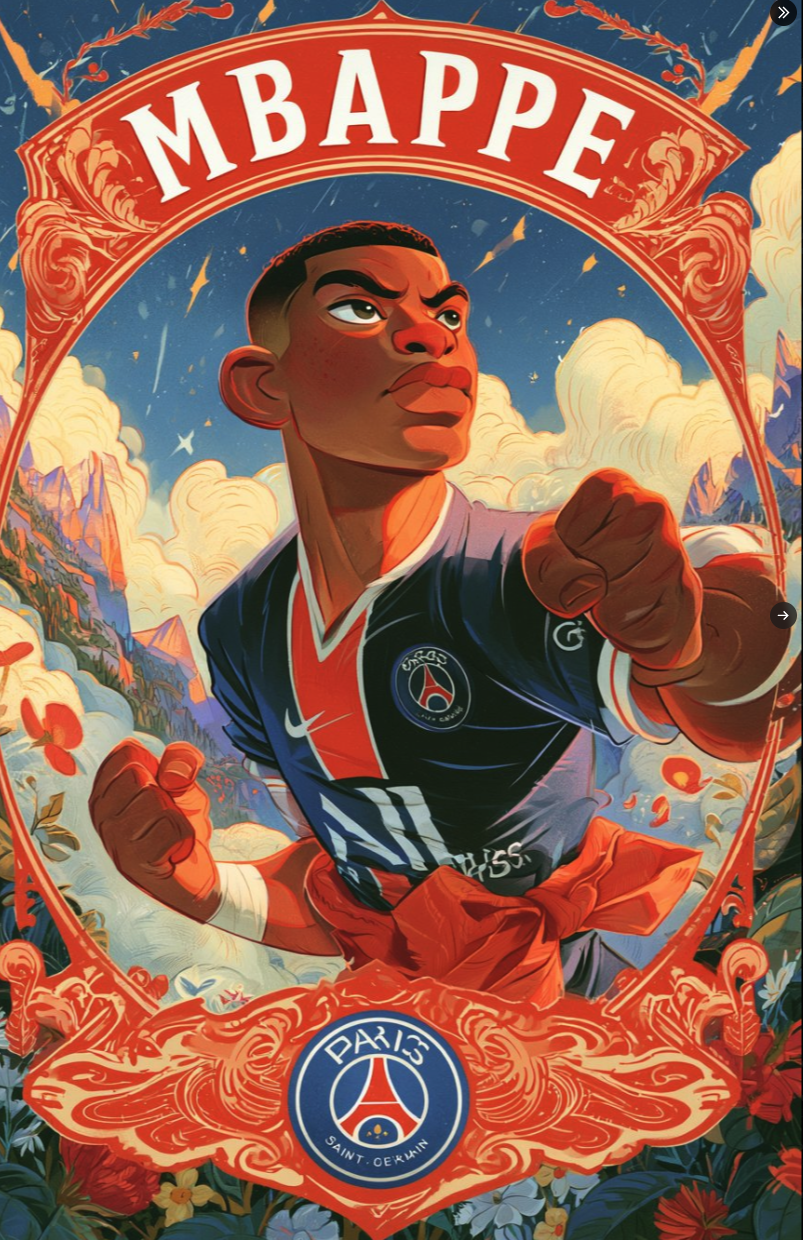 A stylized illustrated portrait appearing to show Kylian Mbappé wearing a dark Paris Saint-Germain jersey.